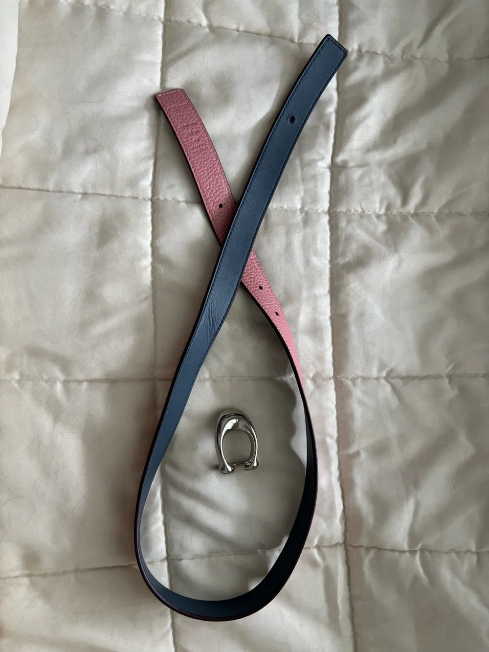 Coach Belt Reversible Leather  Pink/Blue with Silver Sculpted C Buckle